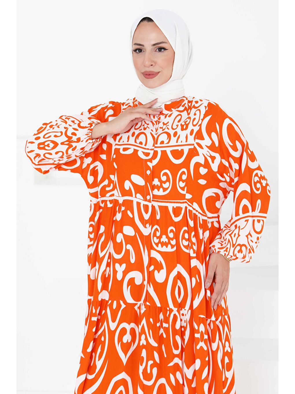 Turuncu Desenli Düğmeli Elbise Oranj - 27428-3