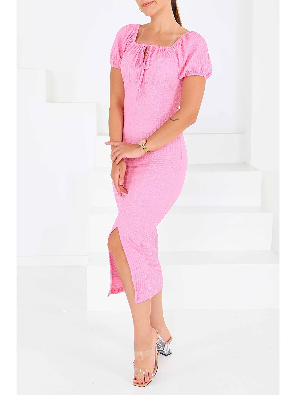 Prenses Kol Yırtmaçlı Elbise Pembe - 27554-1