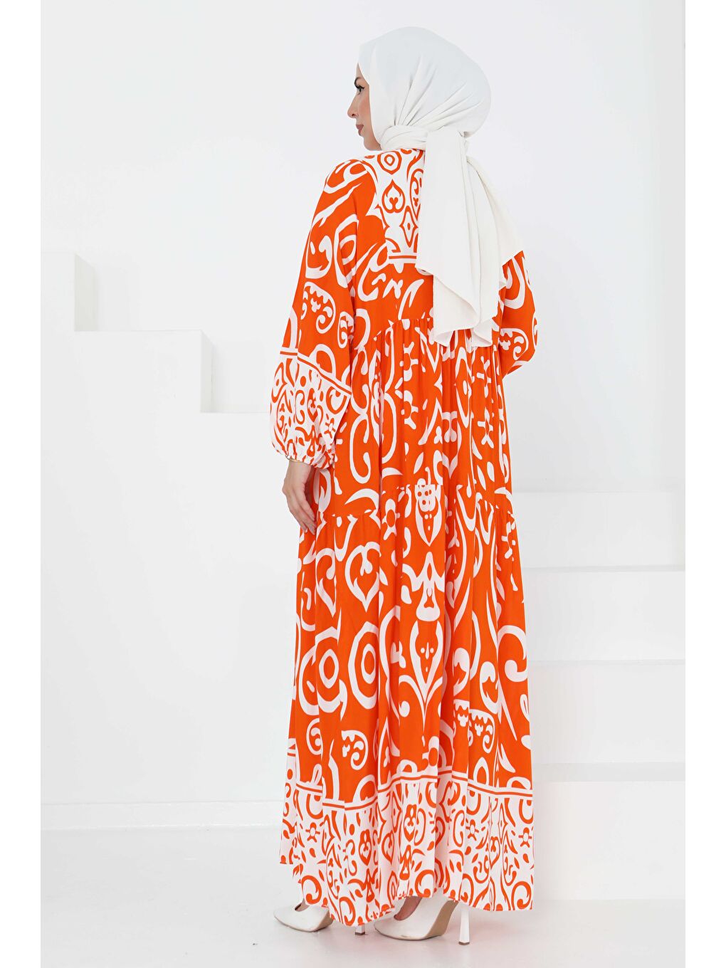 Turuncu Desenli Düğmeli Elbise Oranj - 27428-4