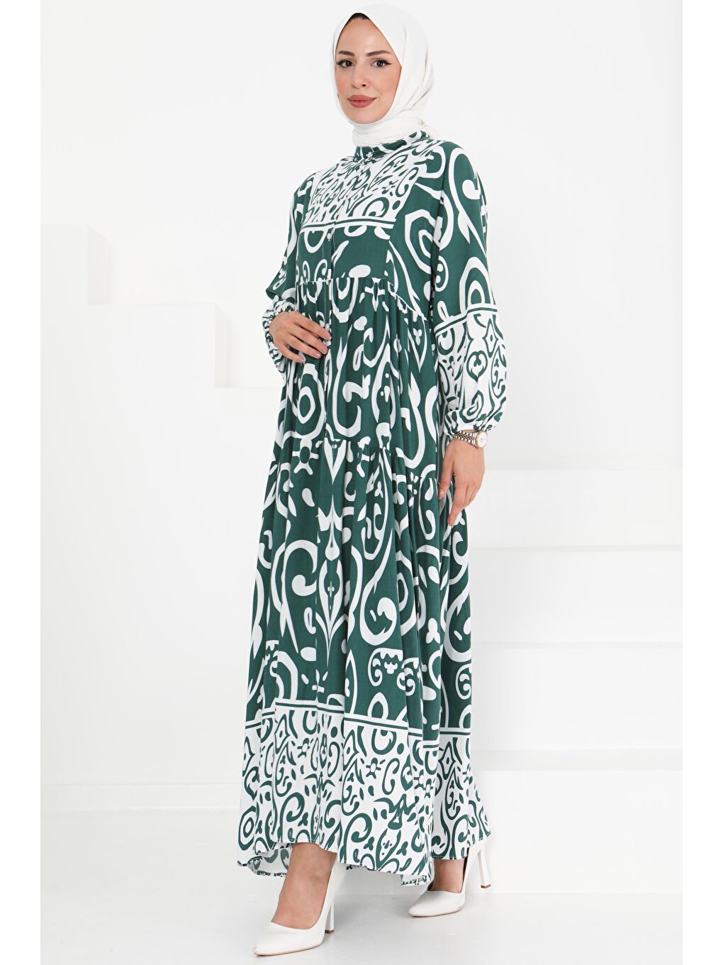 Yeşil Desenli Düğmeli Elbise Zümrüt - 27428-2
