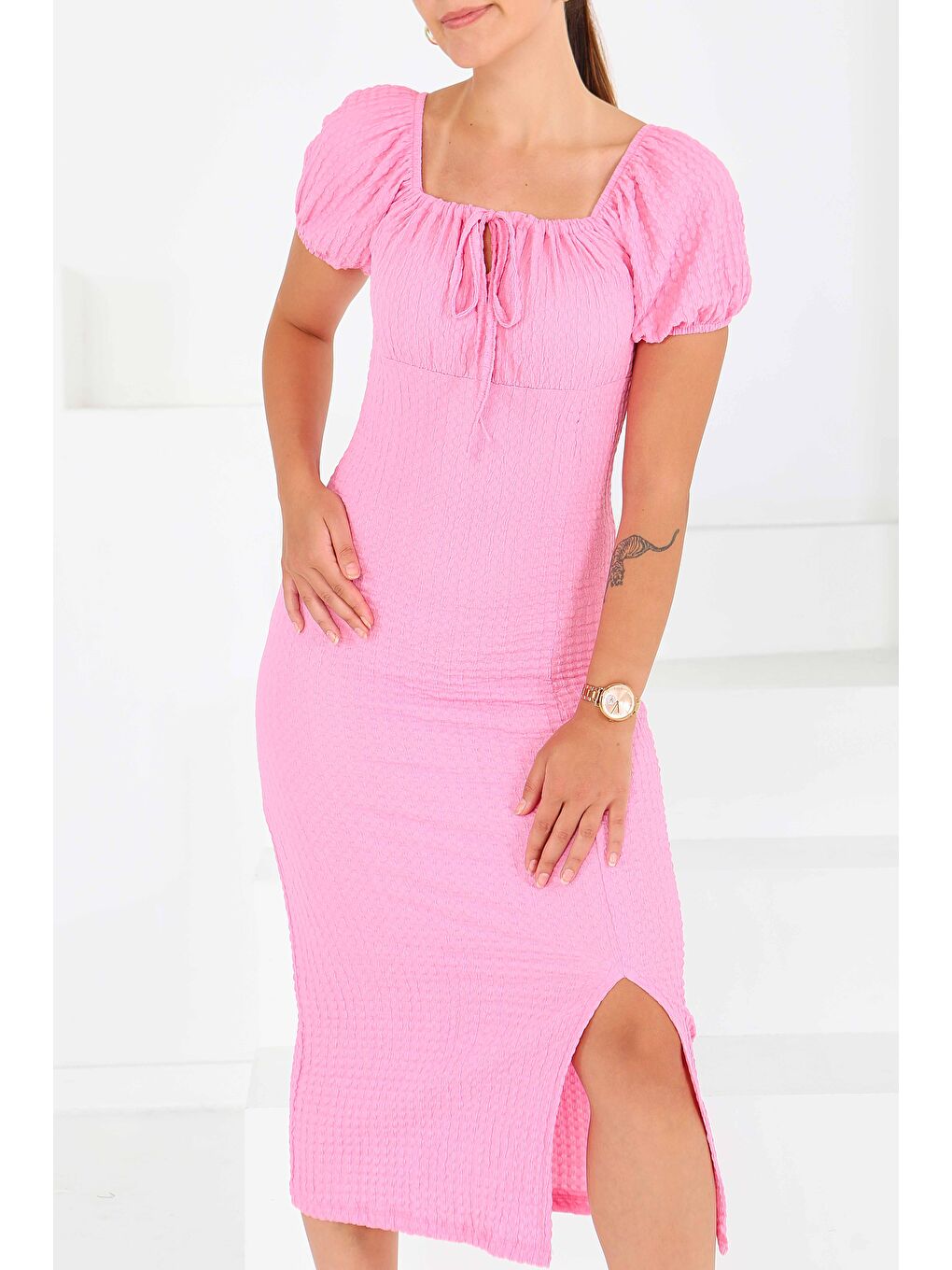 Prenses Kol Yırtmaçlı Elbise Pembe - 27554-2