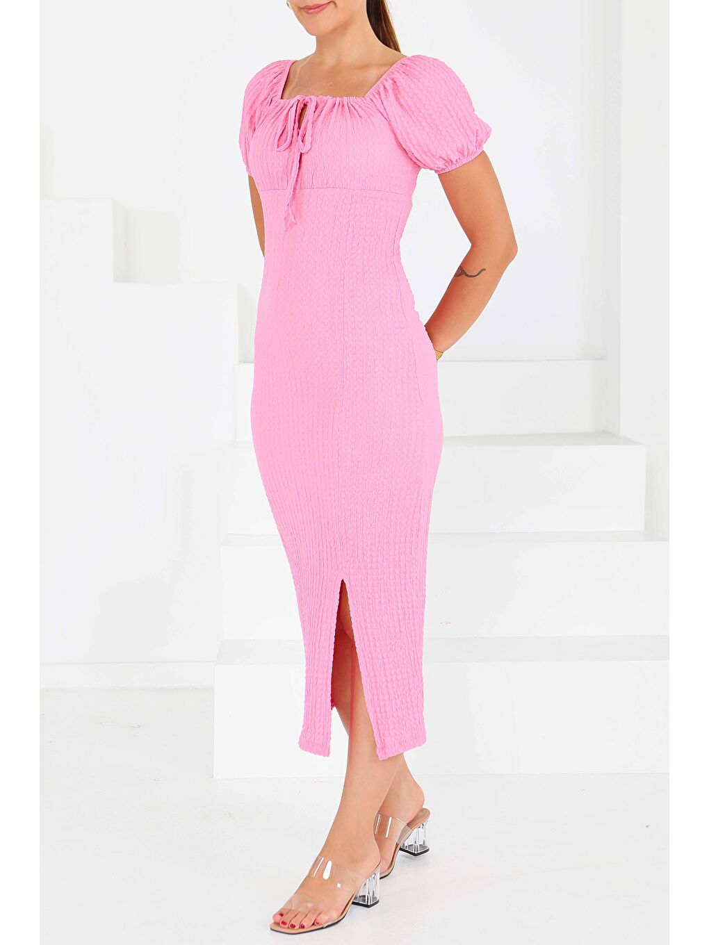 Prenses Kol Yırtmaçlı Elbise Pembe - 27554-3