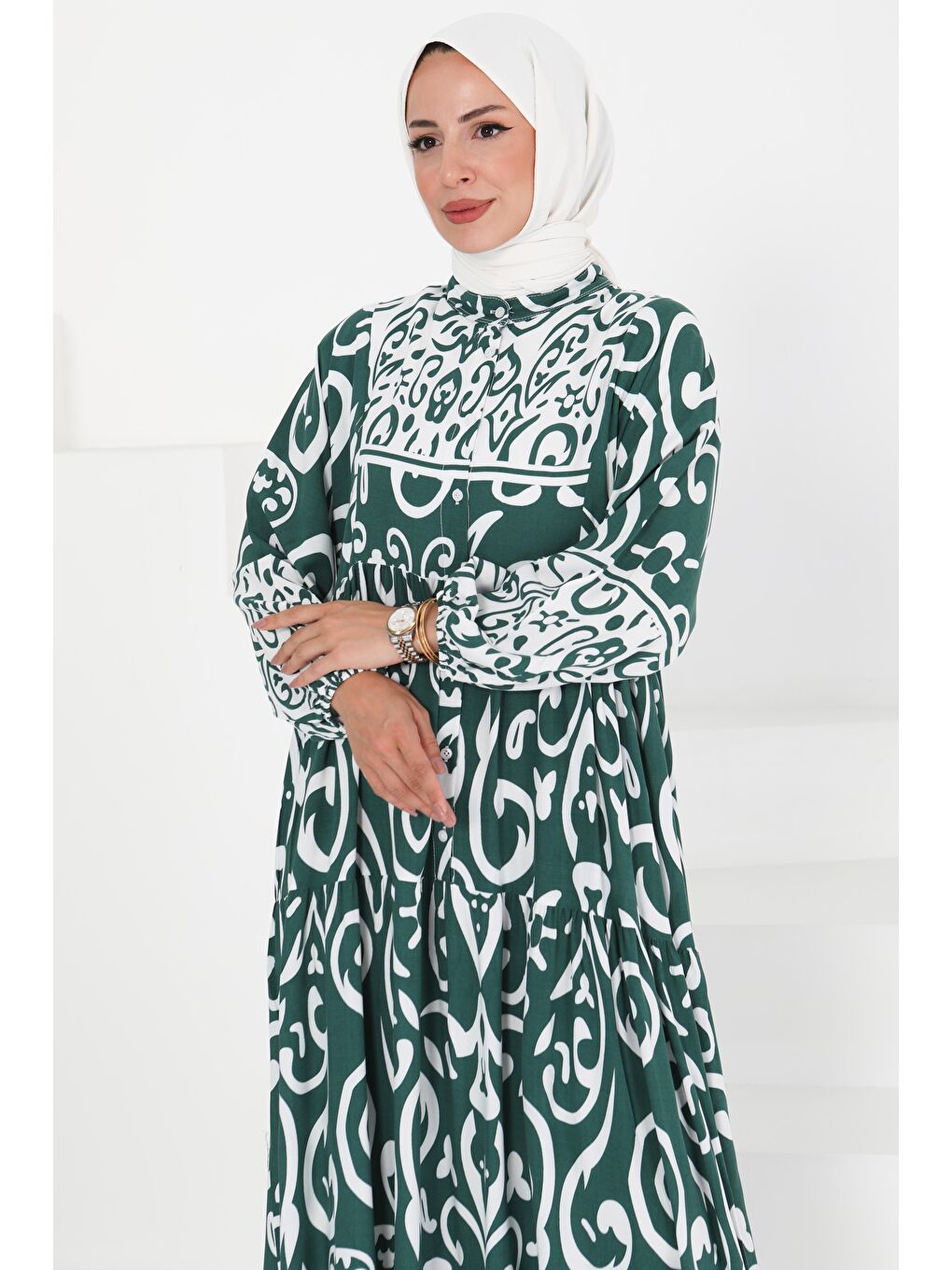Yeşil Desenli Düğmeli Elbise Zümrüt - 27428-3