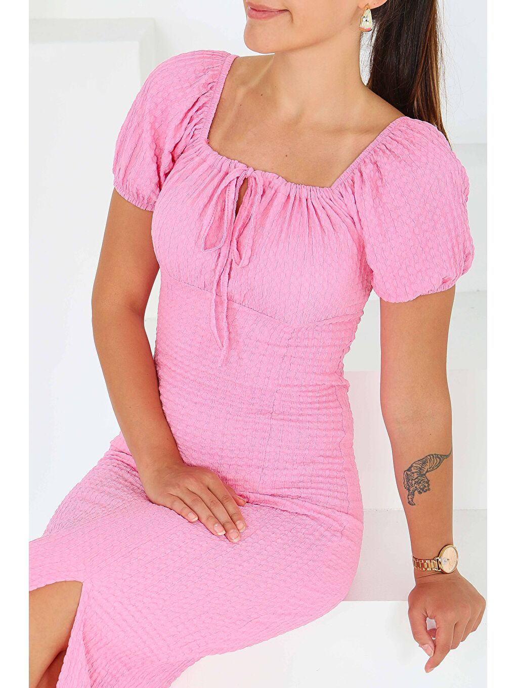 Prenses Kol Yırtmaçlı Elbise Pembe - 27554-4