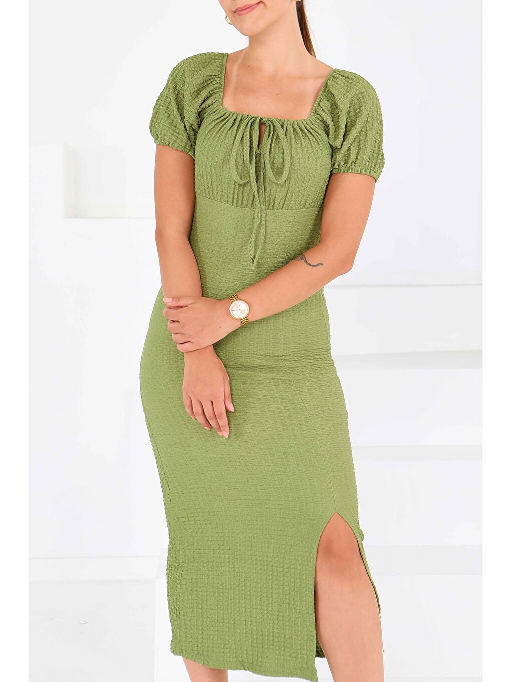 Prenses Kol Yırtmaçlı Elbise Haki - 27554-4