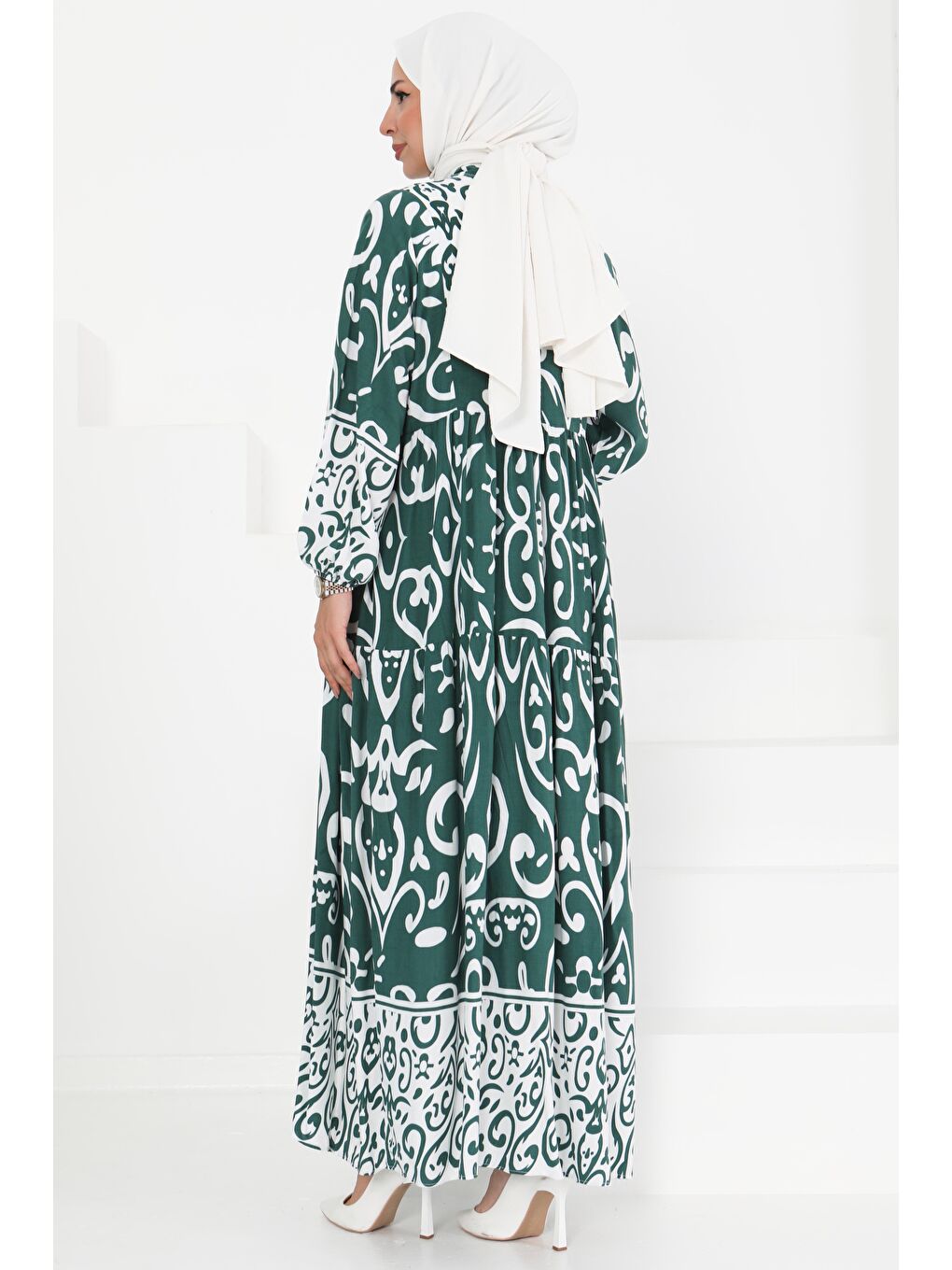 Yeşil Desenli Düğmeli Elbise Zümrüt - 27428-4