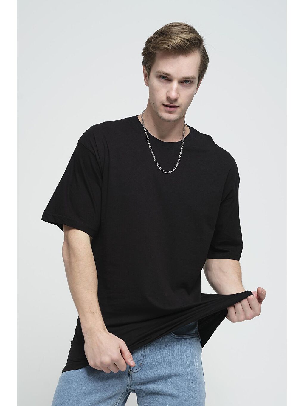 Siyah Baskılı Unisex Oversize Bisiklet Yaka Tişört