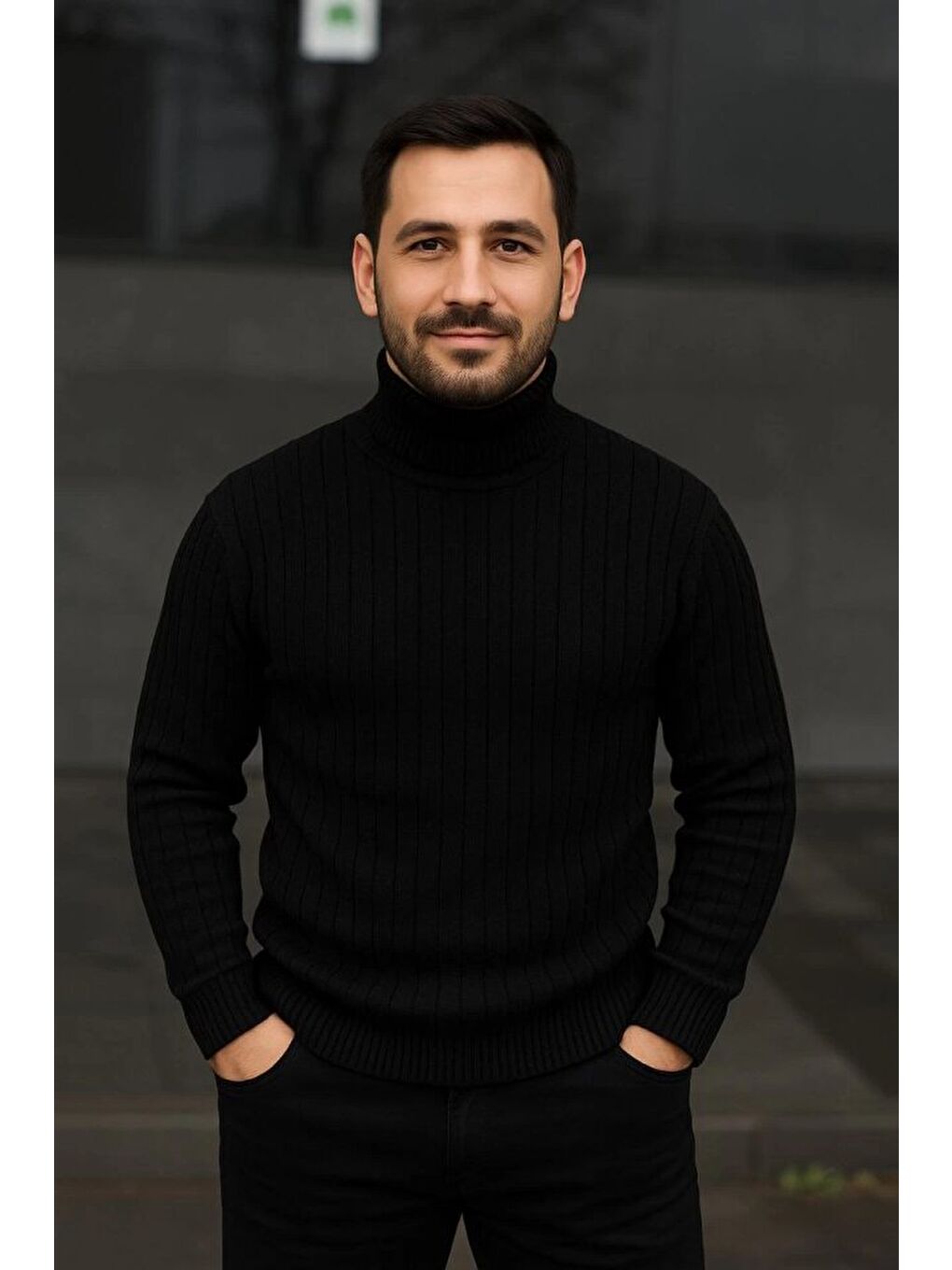 Siyah Erkek Balıkcı Yaka Bağazlı Triko Kazak-2