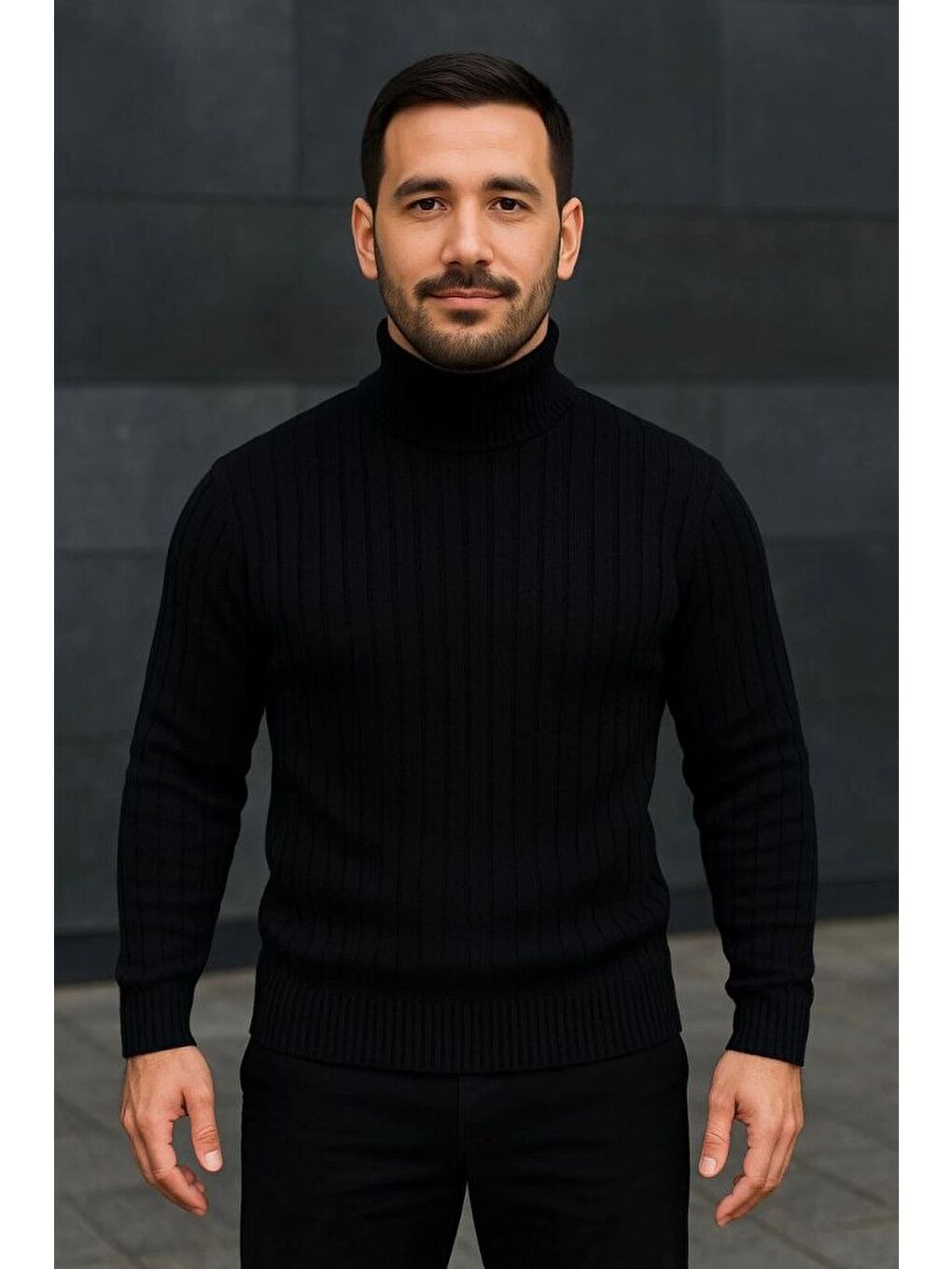 Siyah Erkek Balıkcı Yaka Bağazlı Triko Kazak-3