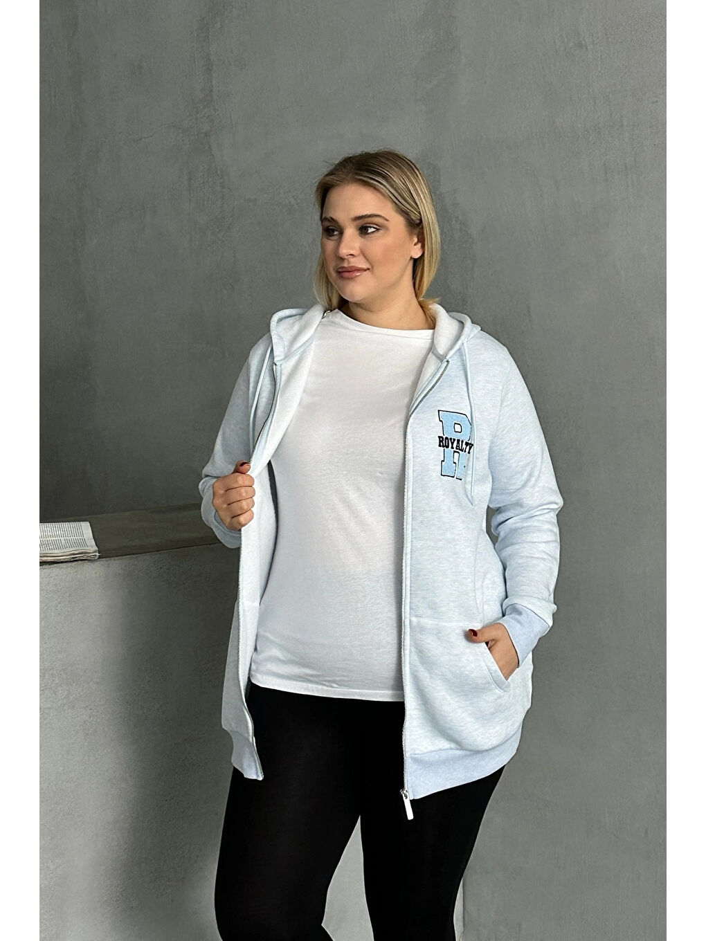 Mavi Büyük Beden Kapüşonlu Fermuarlı Sweatshirt 302571