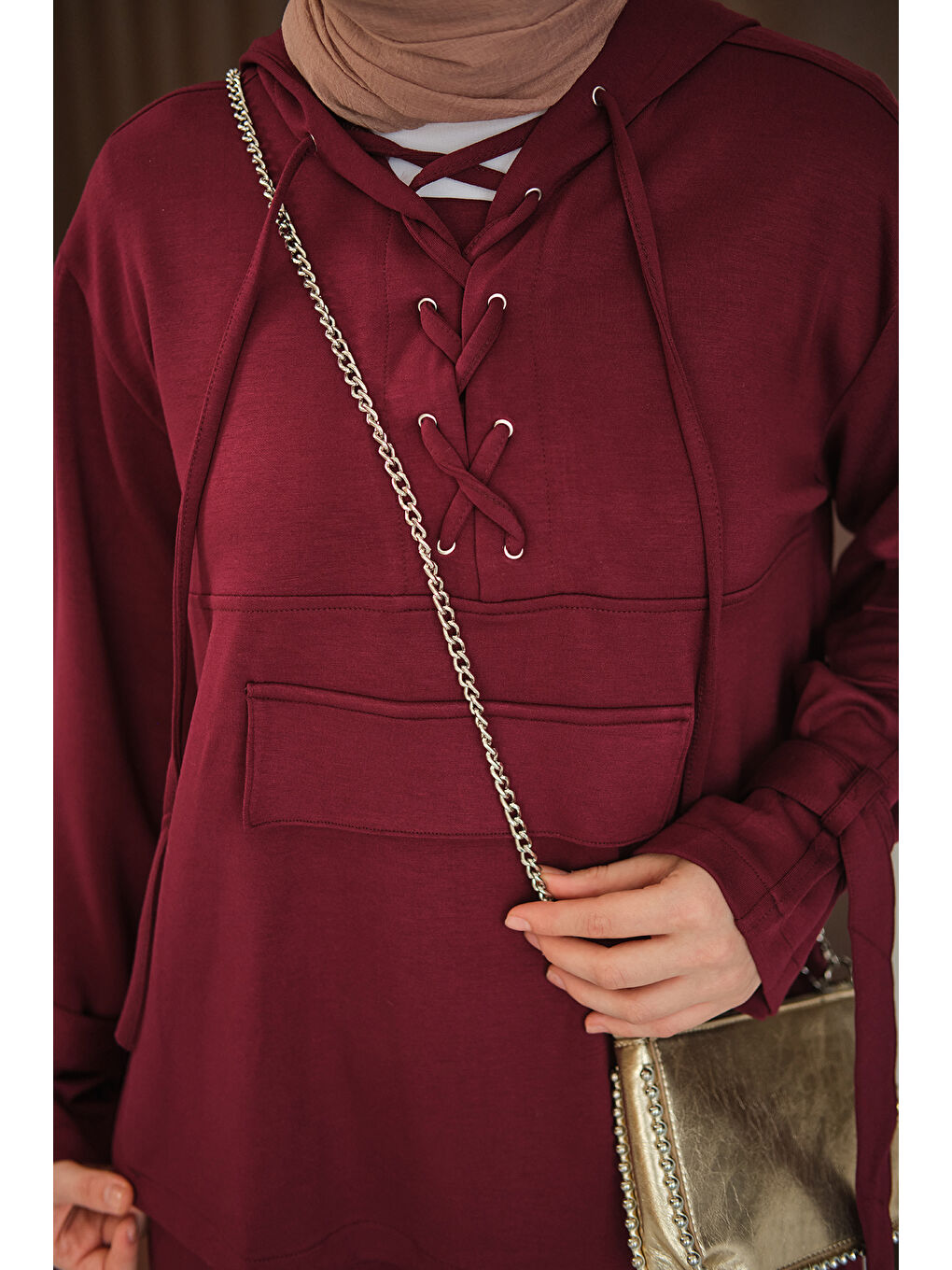 Kadın Önü Çapraz İp Detay Takım Bordo-1