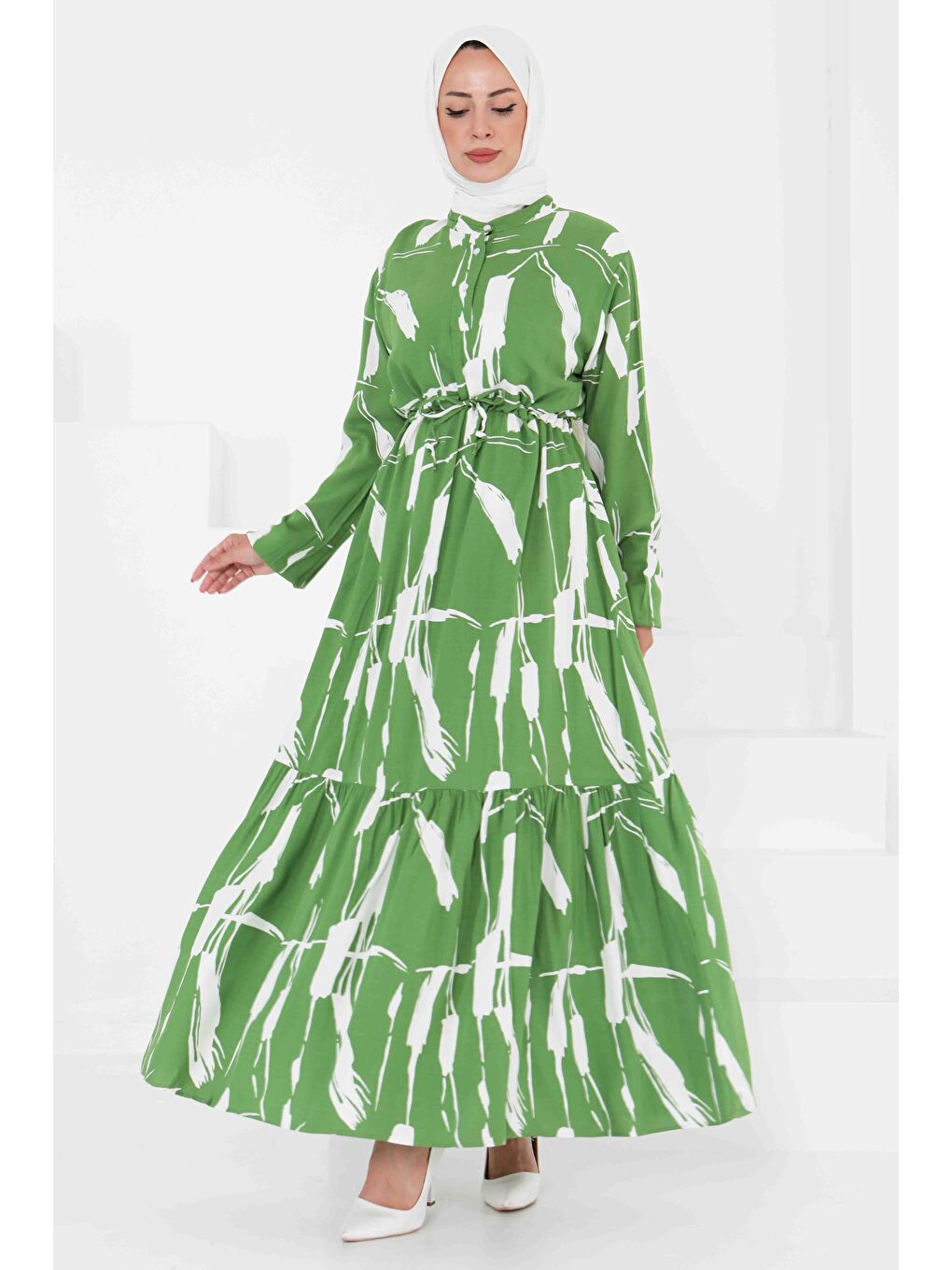 Yeşil Desenli Tünelli Elbise Yesil - 27430-1