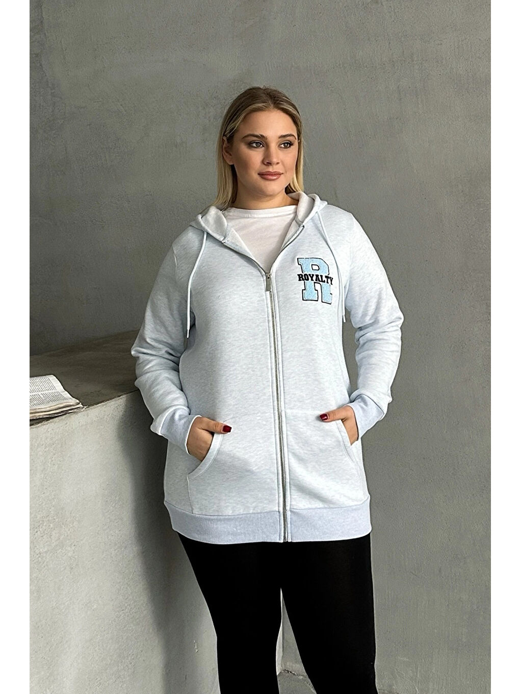 Mavi Büyük Beden Kapüşonlu Fermuarlı Sweatshirt 302571-3