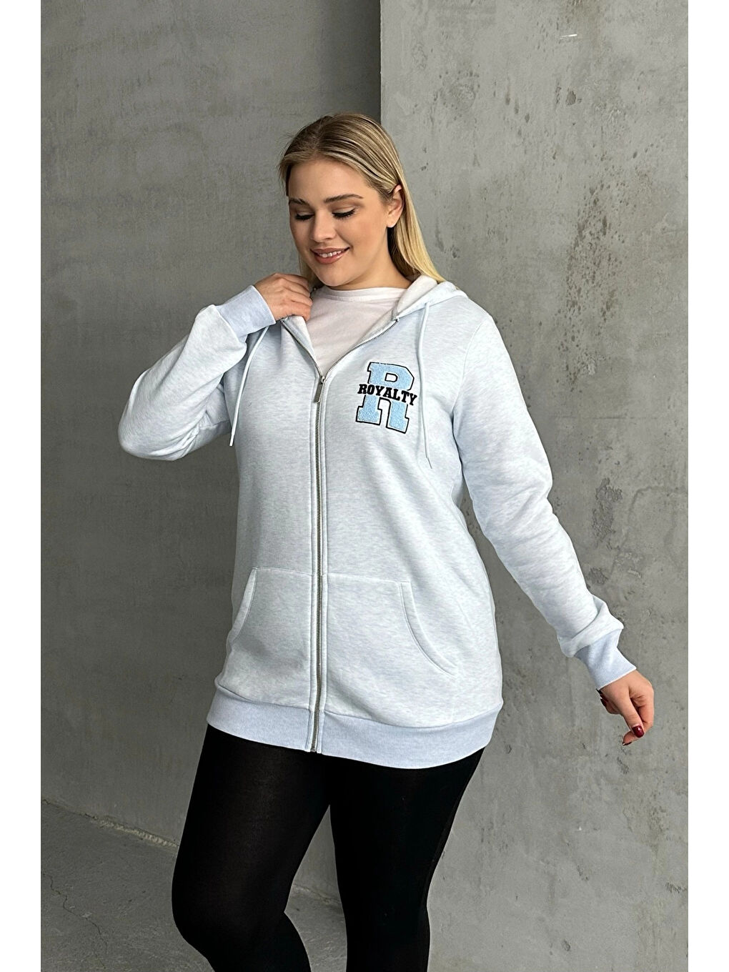 Mavi Büyük Beden Kapüşonlu Fermuarlı Sweatshirt 302571-4
