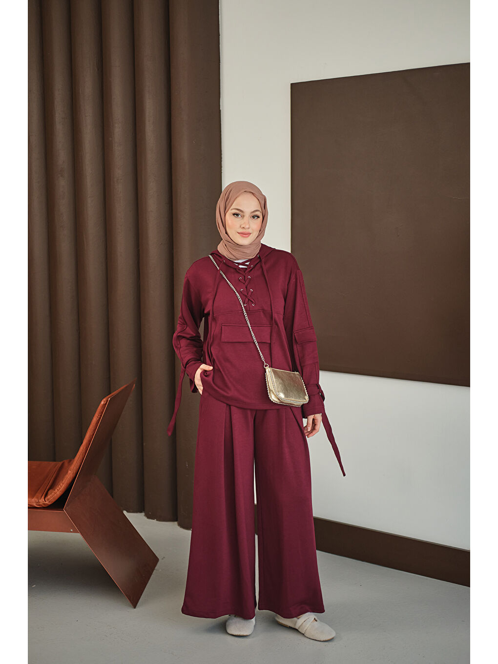 Kadın Önü Çapraz İp Detay Takım Bordo-3