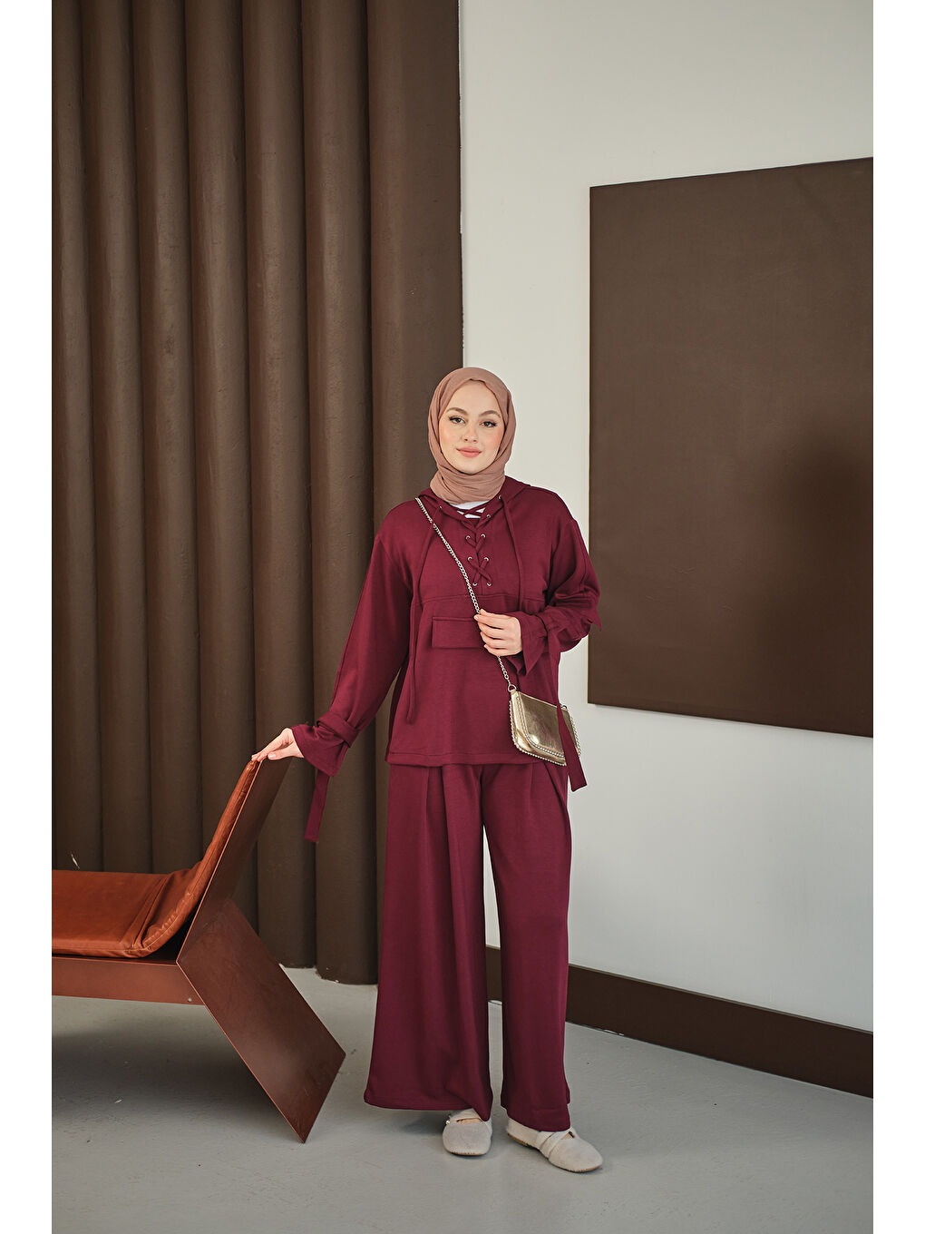 Kadın Önü Çapraz İp Detay Takım Bordo-4