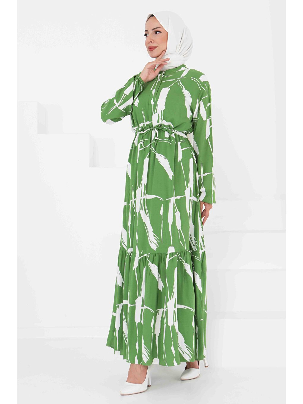 Yeşil Desenli Tünelli Elbise Yesil - 27430-3