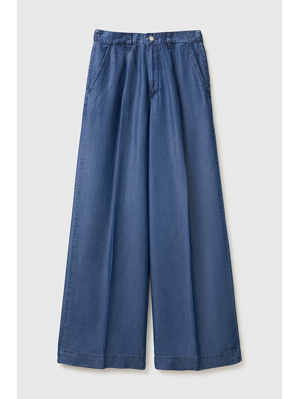 Kadın Mavi Bol Paça Cepli Denim Pantolon-1