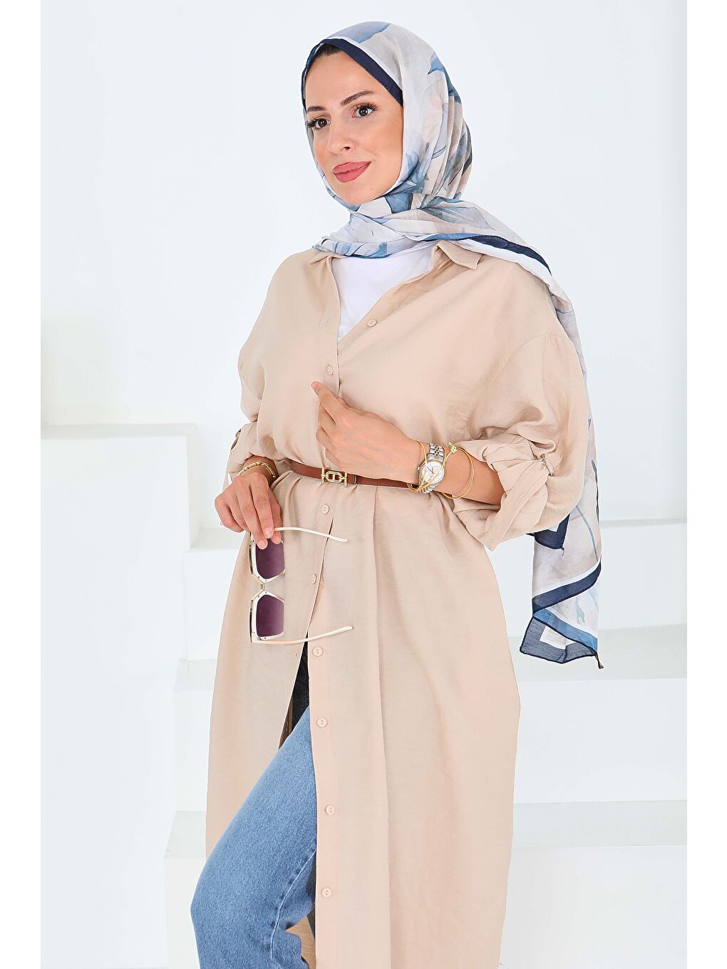 Düğmeli Elbise Bej - 27547-2