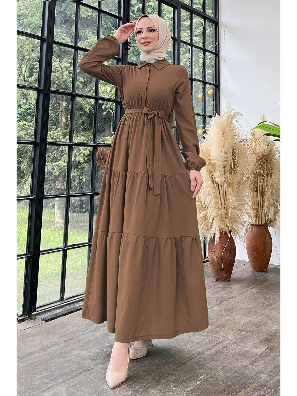Kahverengi Kuşaklı Kat Kat Elbise Kahve - 27345