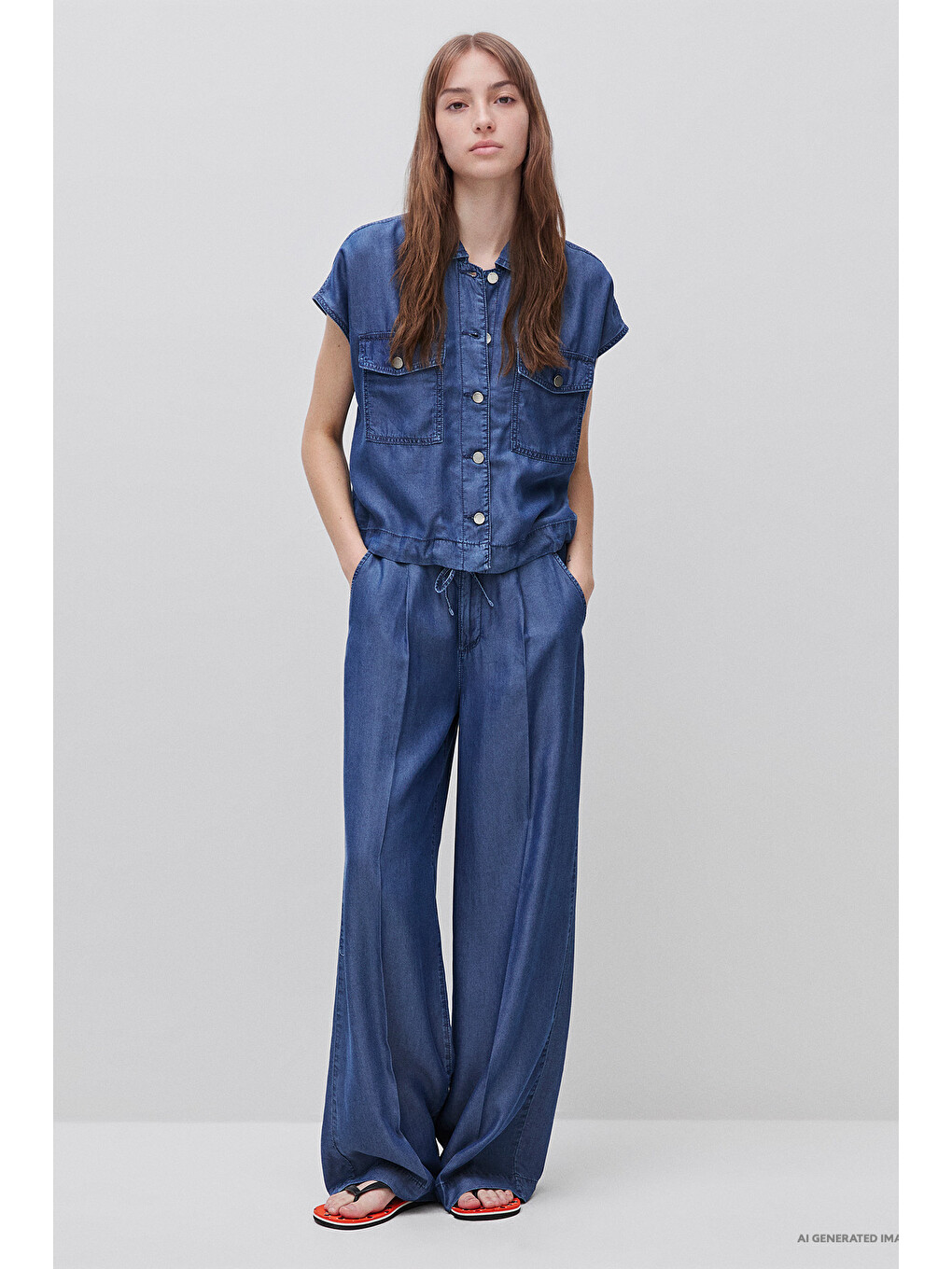 Kadın Mavi Bol Paça Cepli Denim Pantolon-4