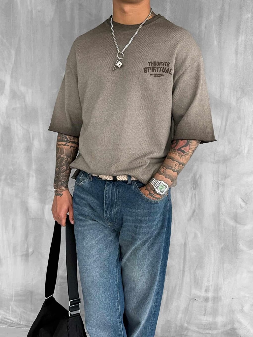 Kahverengi Erkek Yıkamalı Oversize Tişört Kahve