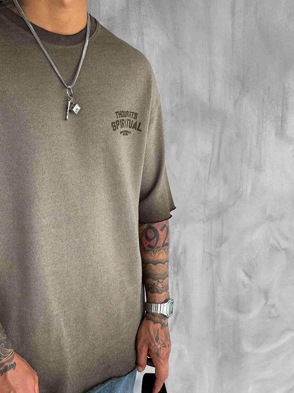 Kahverengi Erkek Yıkamalı Oversize Tişört Kahve-3