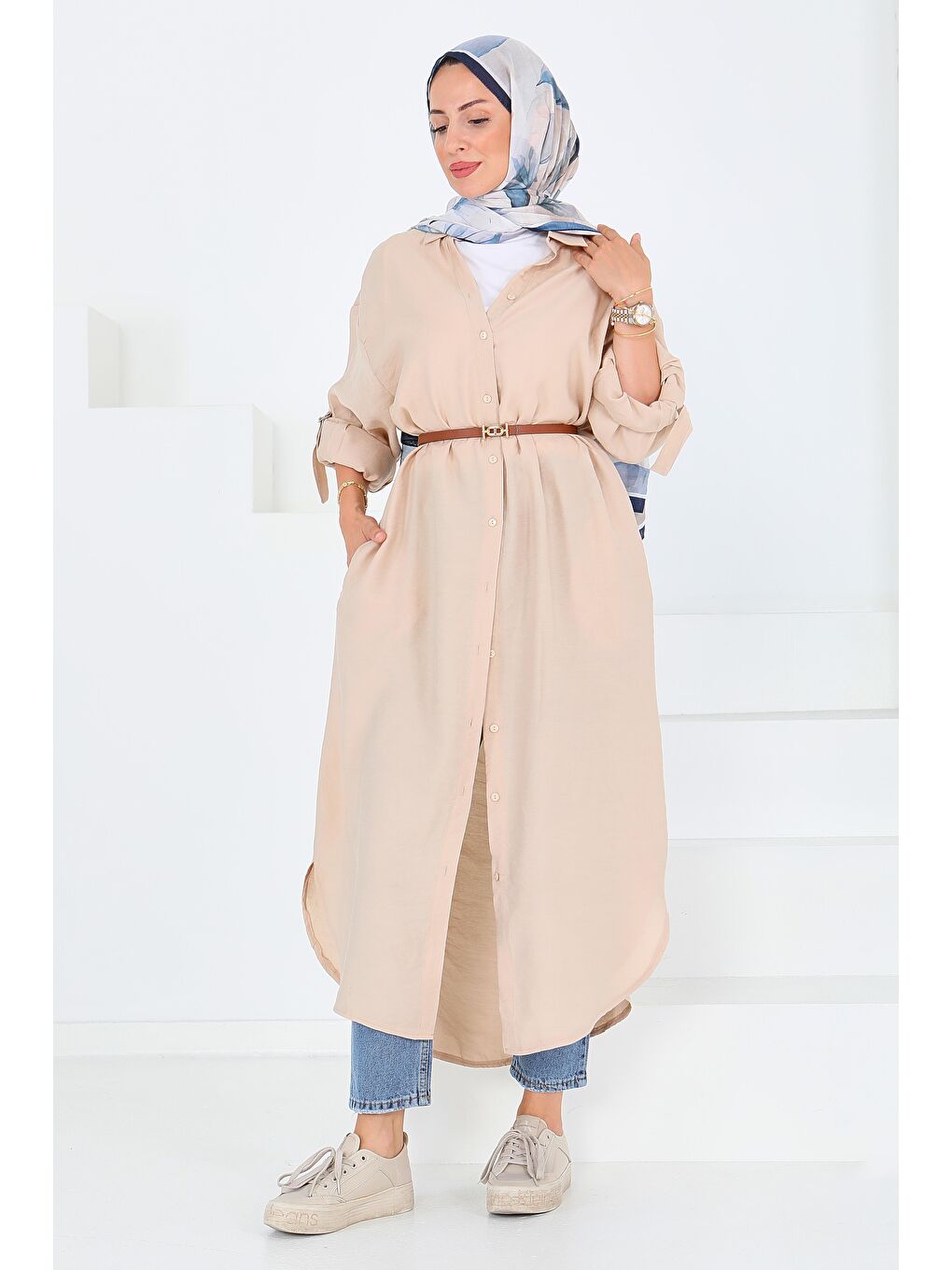 Düğmeli Elbise Bej - 27547-3