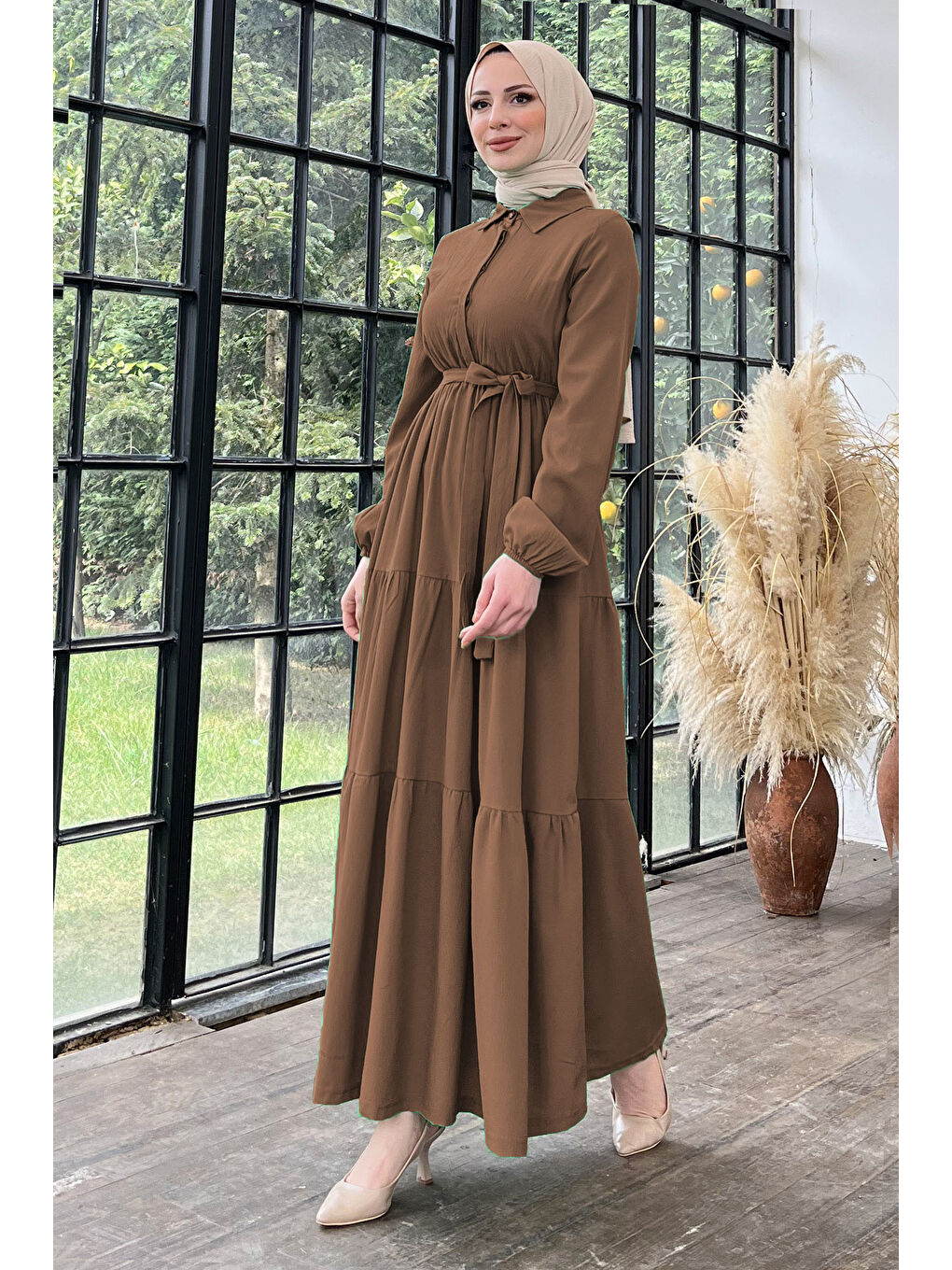 Kahverengi Kuşaklı Kat Kat Elbise Kahve - 27345-2