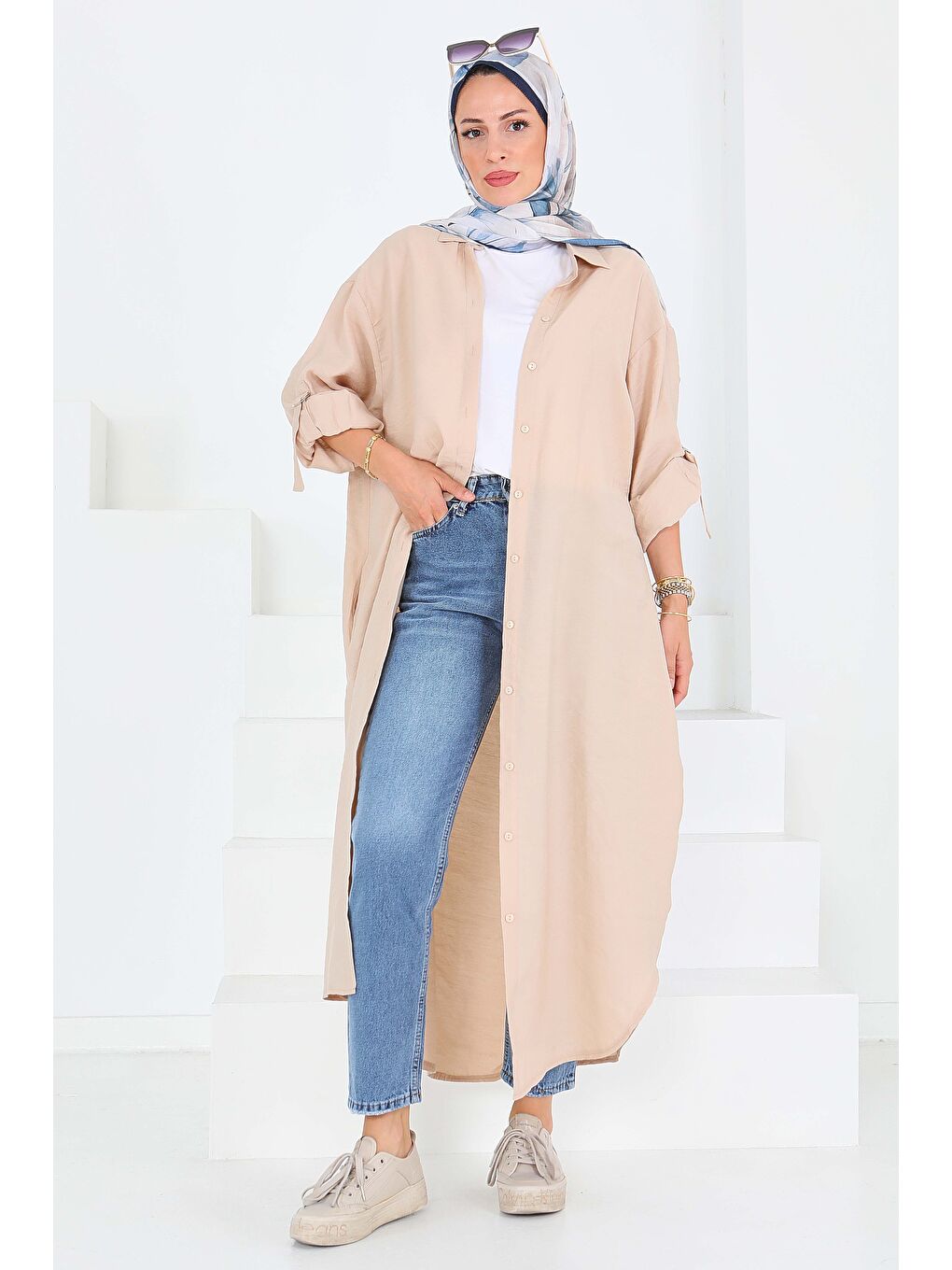 Düğmeli Elbise Bej - 27547-4