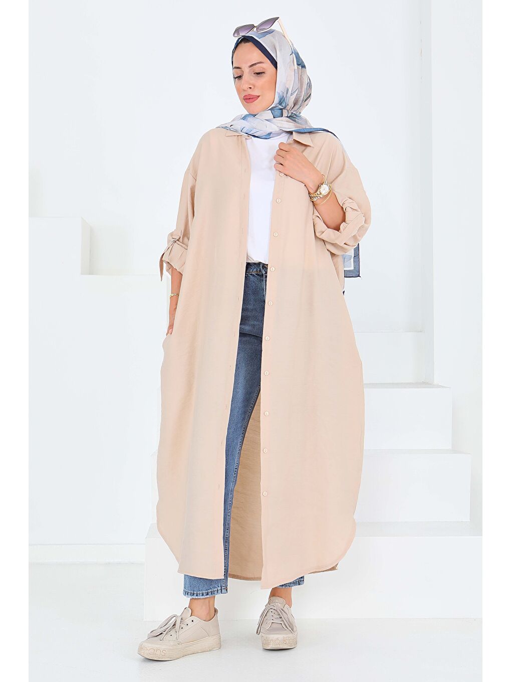 Düğmeli Elbise Bej - 27547-5