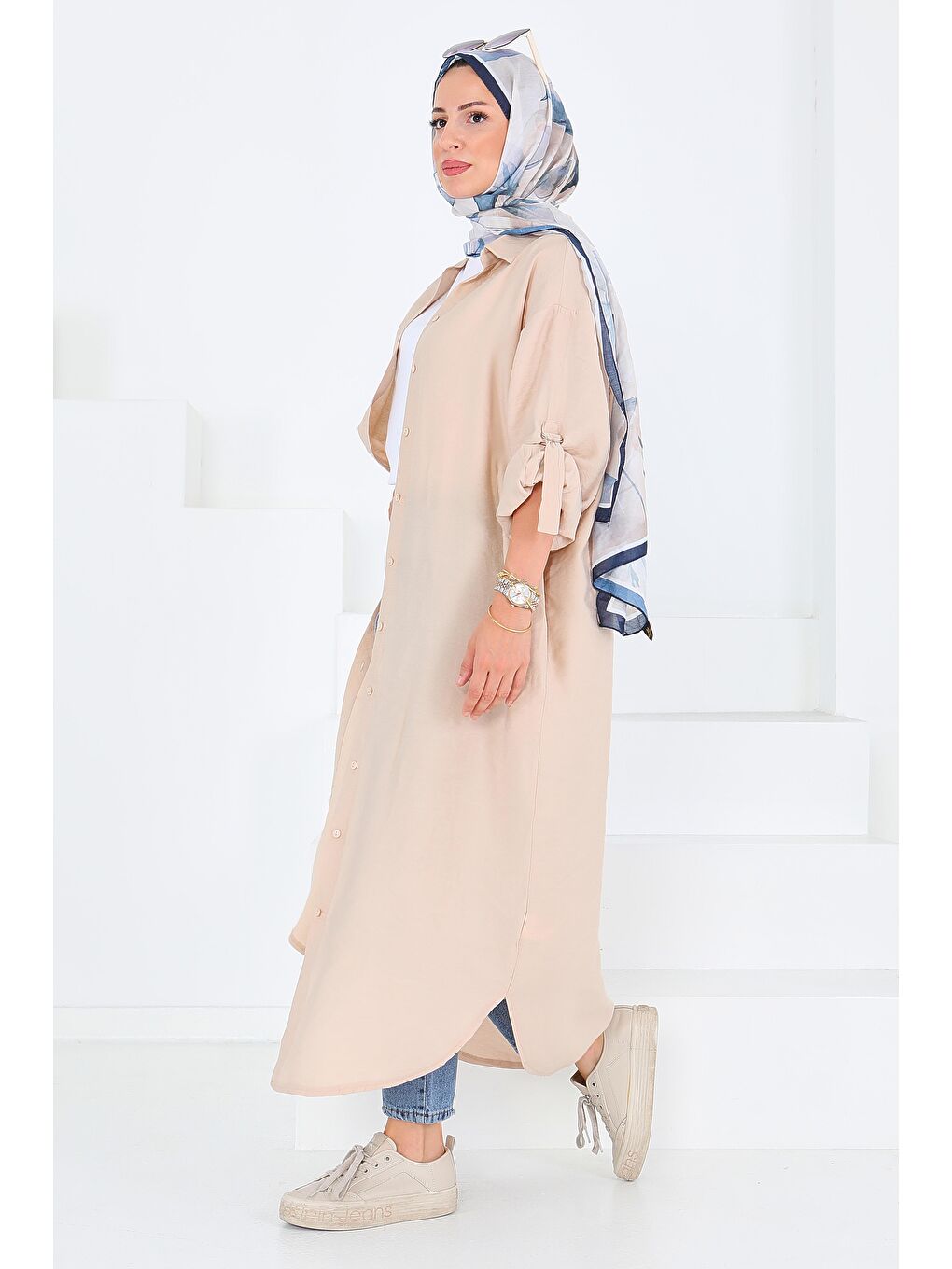 Düğmeli Elbise Bej - 27547-6