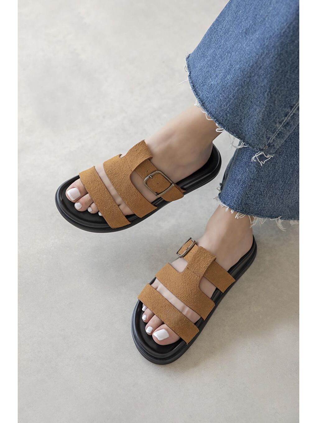 Kahverengi Toff Kadın Toka Detay Günlük Konfor Süet Terlik Taba-1