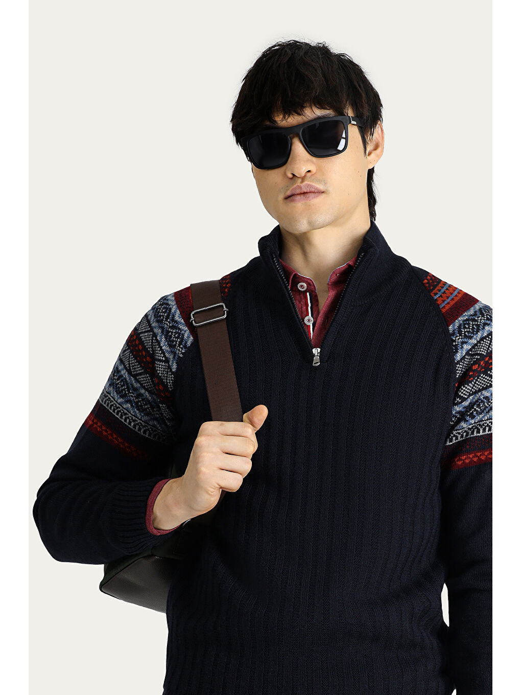 Lacivert Bato Yaka Slim Fit Dar Kesim Fermuarlı Desenli Triko Kazak-2