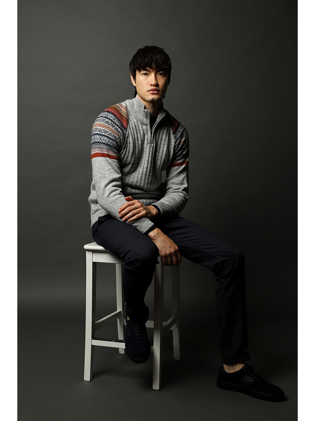 Gri Bato Yaka Slim Fit Dar Kesim Fermuarlı Desenli Triko Büyük Beden Kazak-2