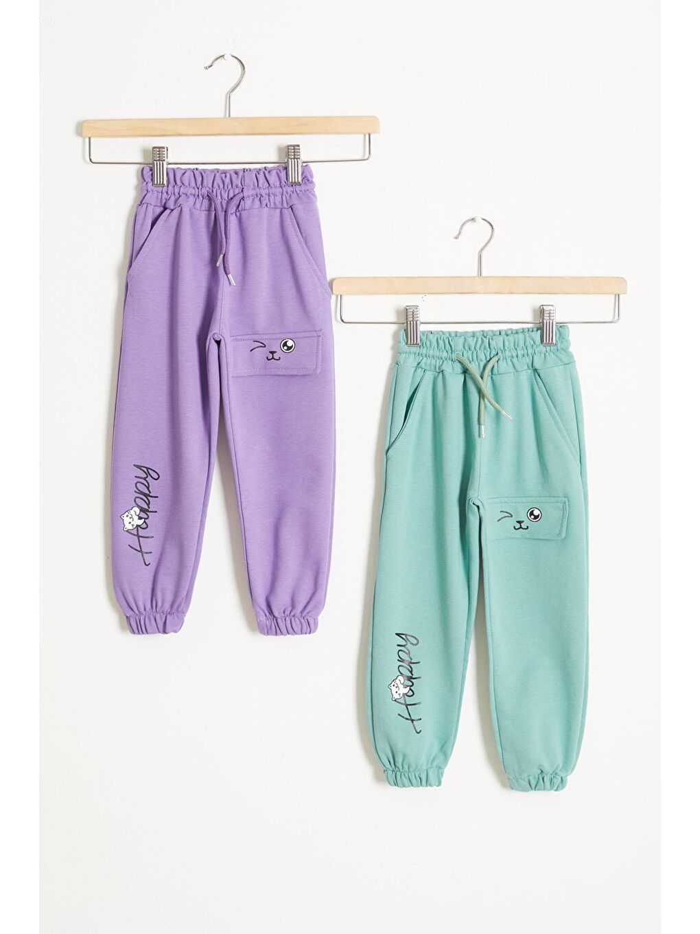 Beyaz Kedi Baskılı Lastikli Paça Kız Çocuk 2'li Eşofman Altı Lila-Yeşil 18375