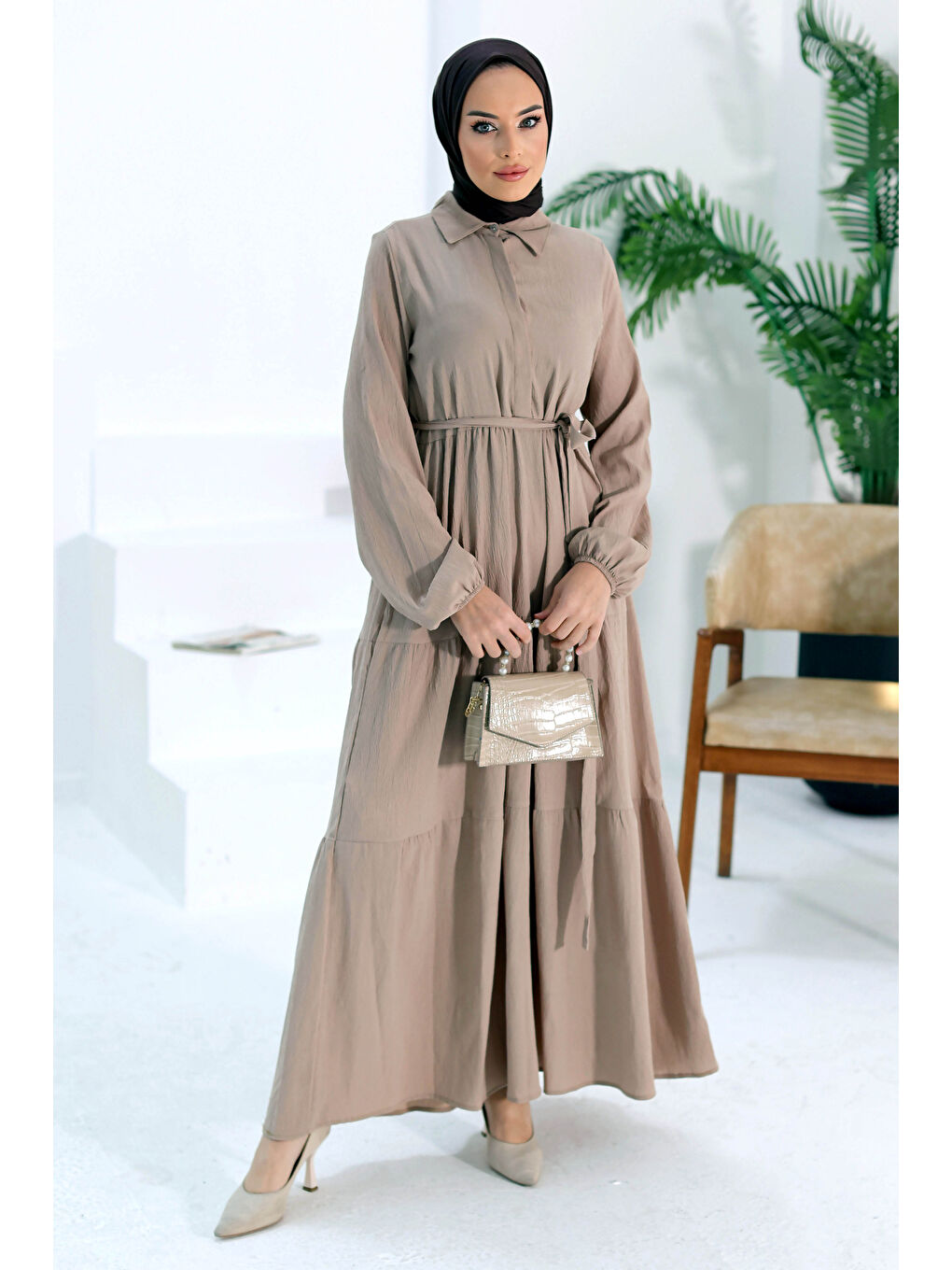 Bej Kuşaklı Kat Kat Elbise Vizon - 27345