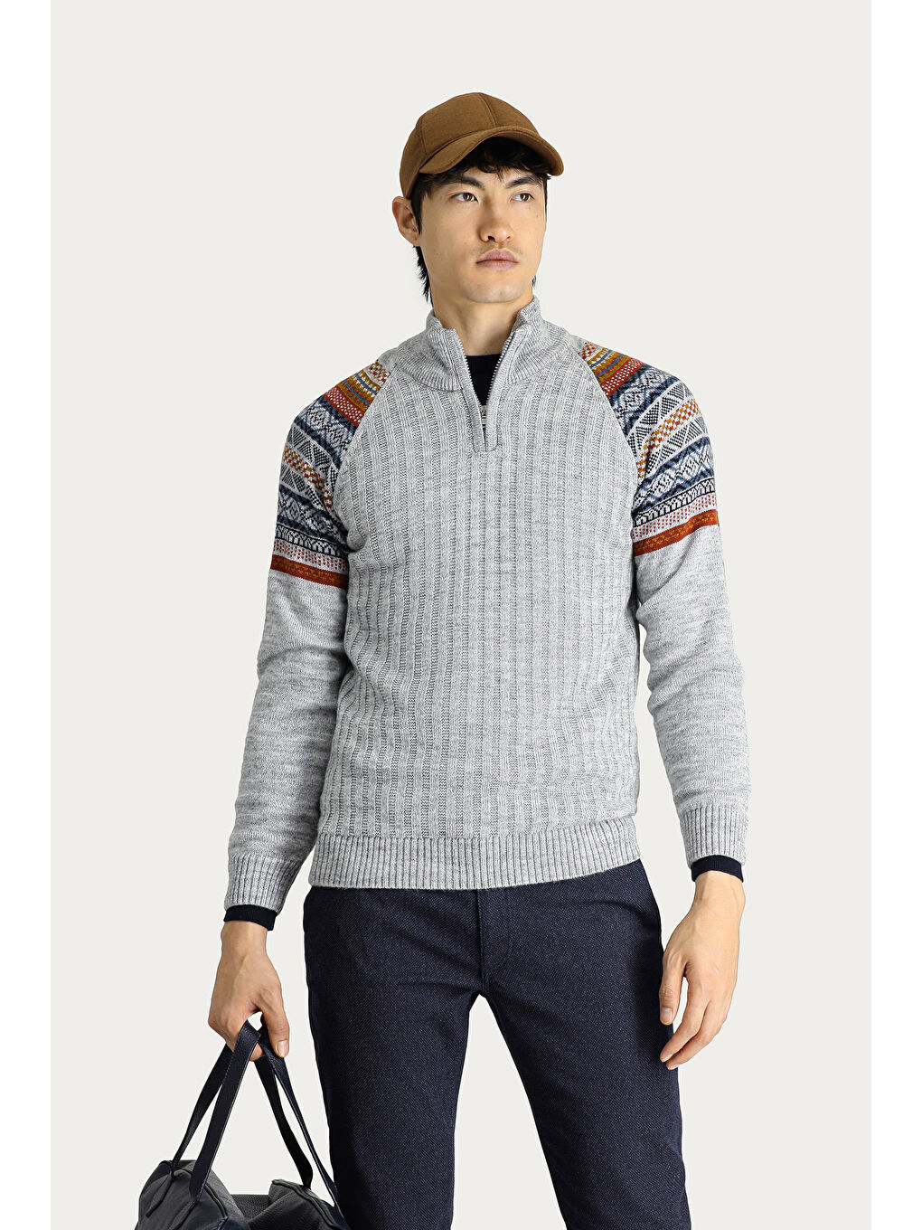 Gri Bato Yaka Slim Fit Dar Kesim Fermuarlı Desenli Triko Büyük Beden Kazak-3