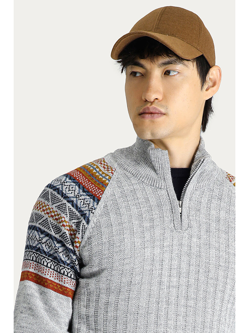 Gri Bato Yaka Slim Fit Dar Kesim Fermuarlı Desenli Triko Büyük Beden Kazak-4