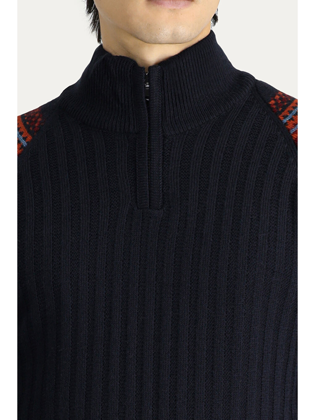 Lacivert Bato Yaka Slim Fit Dar Kesim Fermuarlı Desenli Triko Kazak-4