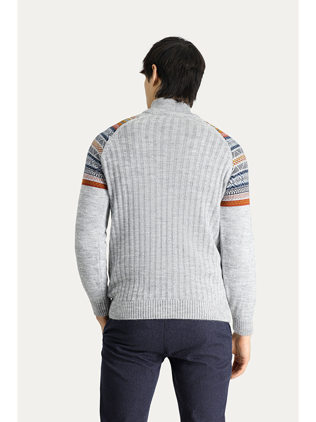 Gri Bato Yaka Slim Fit Dar Kesim Fermuarlı Desenli Triko Büyük Beden Kazak-5