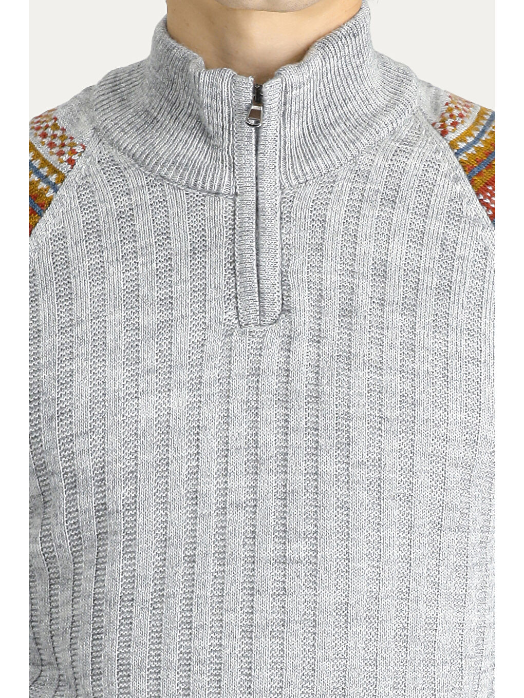 Gri Bato Yaka Slim Fit Dar Kesim Fermuarlı Desenli Triko Büyük Beden Kazak-6