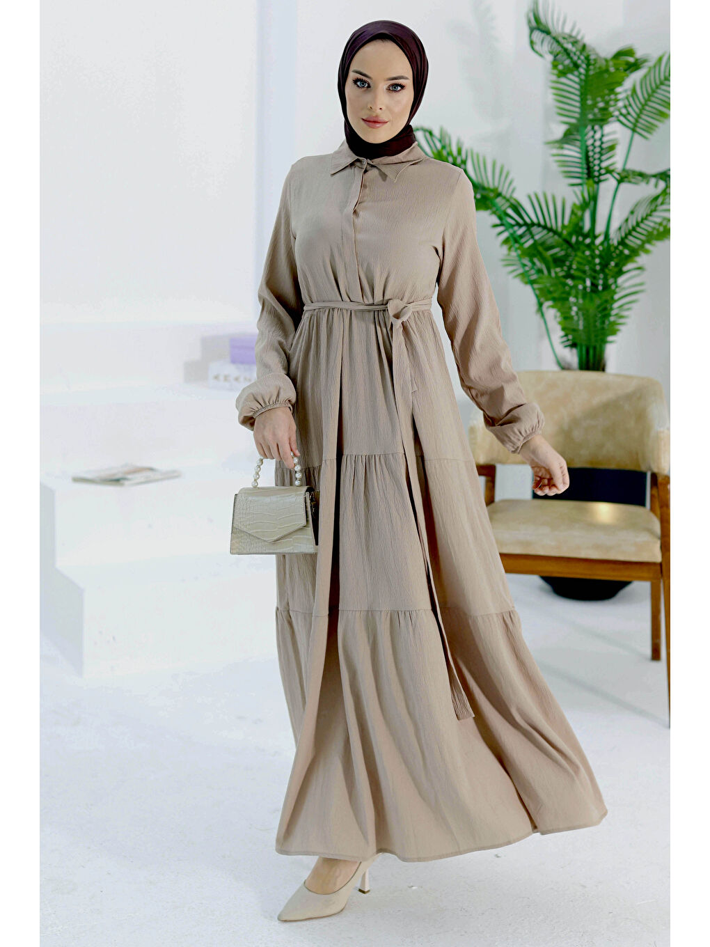 Bej Kuşaklı Kat Kat Elbise Vizon - 27345-1