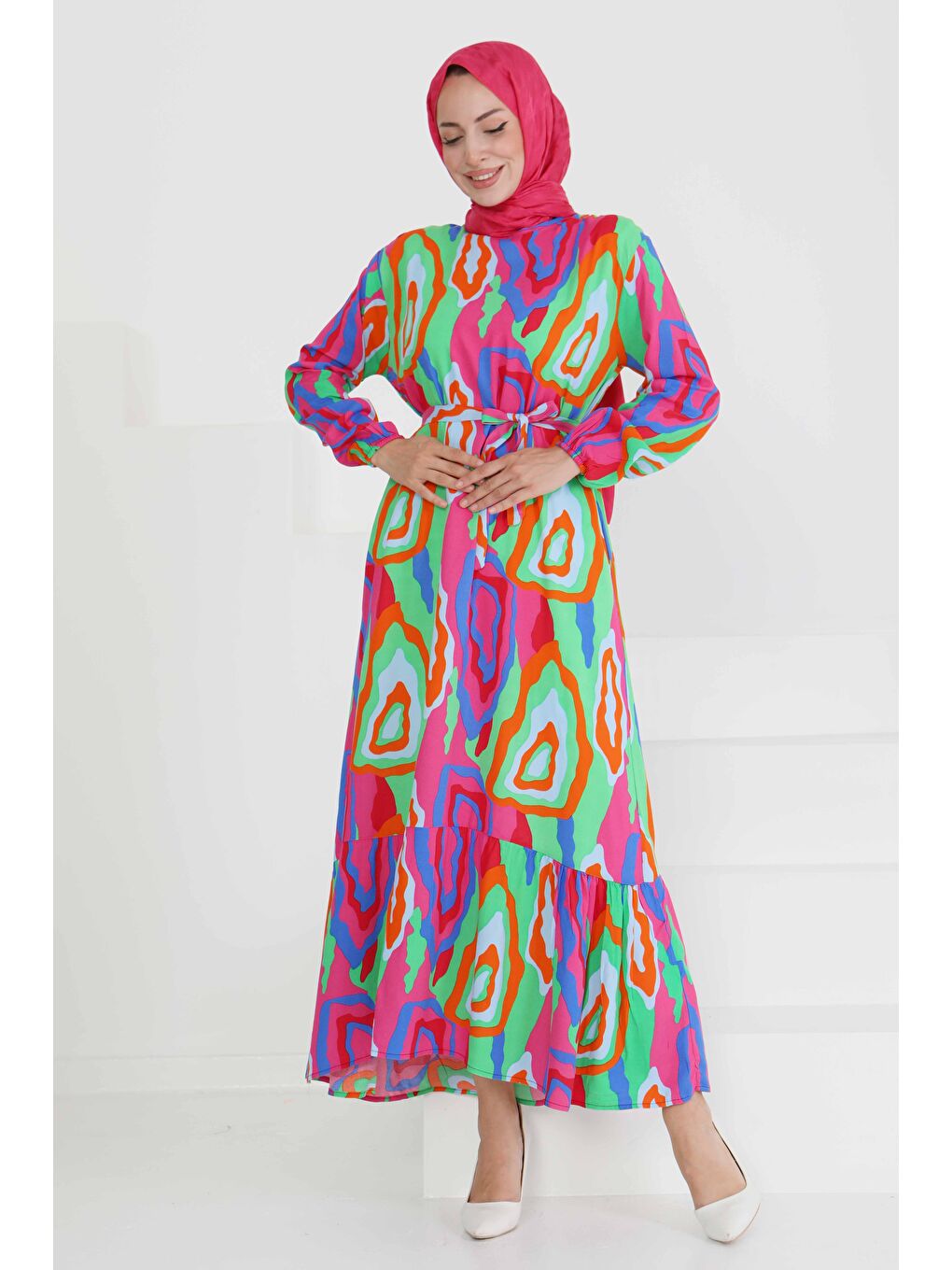 Yeşil Renkli Desenli Elbise Yesil - 27471