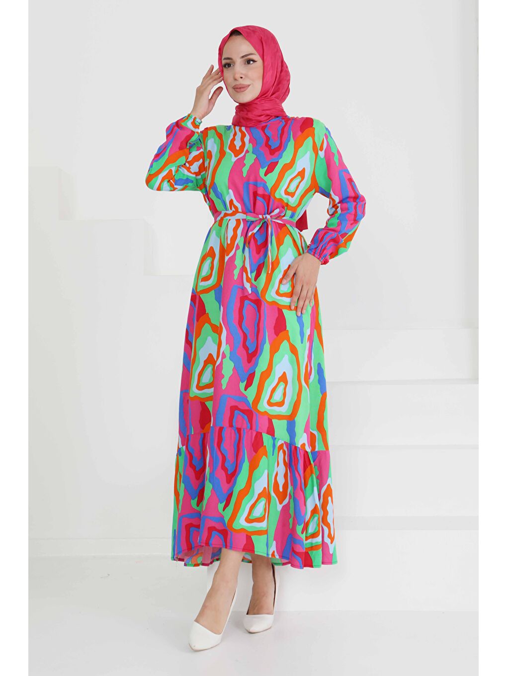 Yeşil Renkli Desenli Elbise Yesil - 27471-1