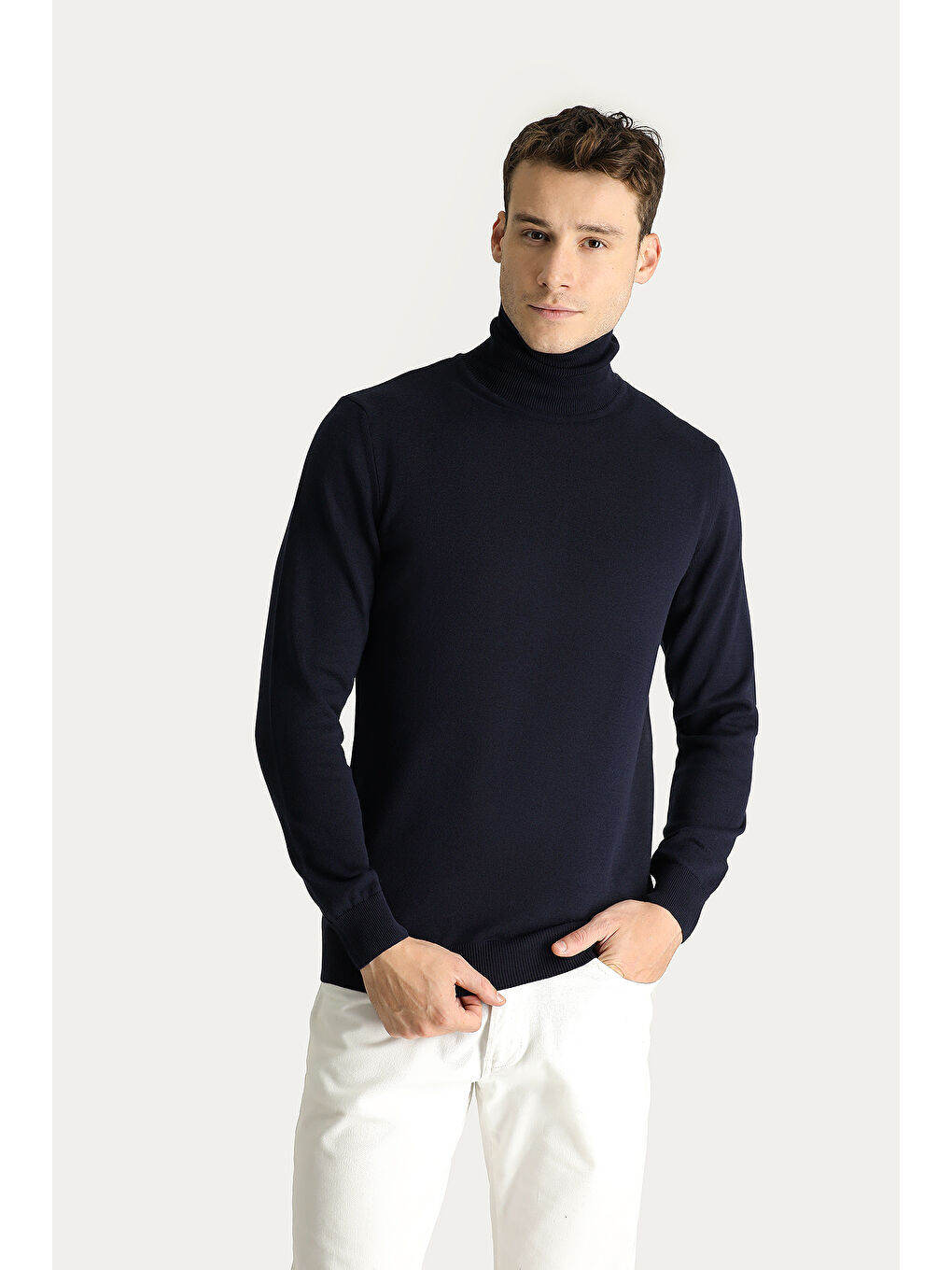 Lacivert Balıkçı Yaka Regular Fit Pamuklu Triko Büyük Beden Kazak-3