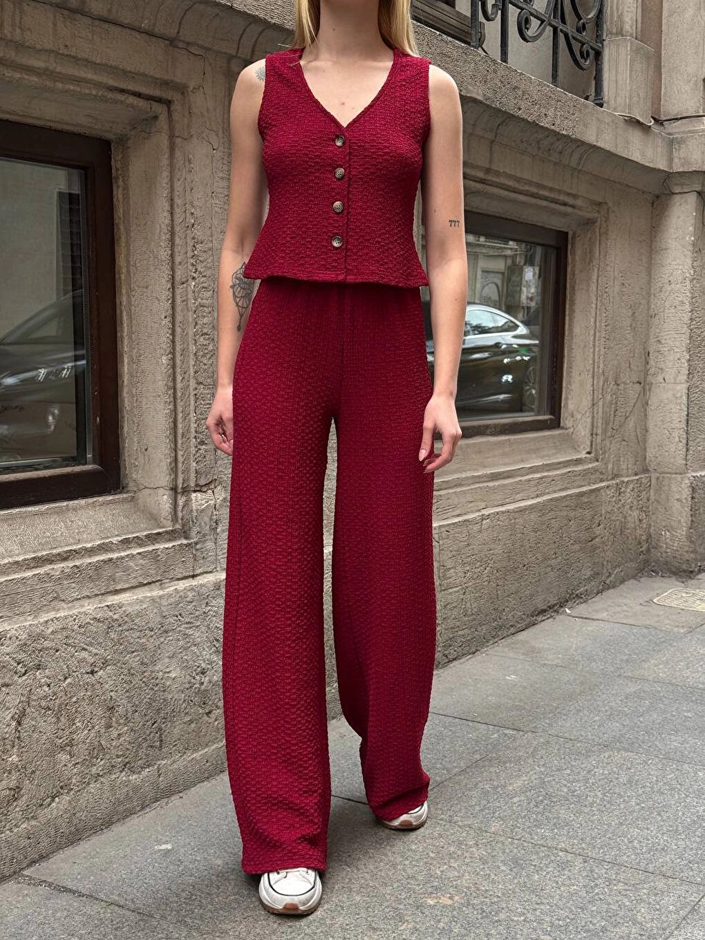 Kadın Bordo Beli Lastilkli Gofre Kumaş Pantolon HZL24S-ZK13261-2