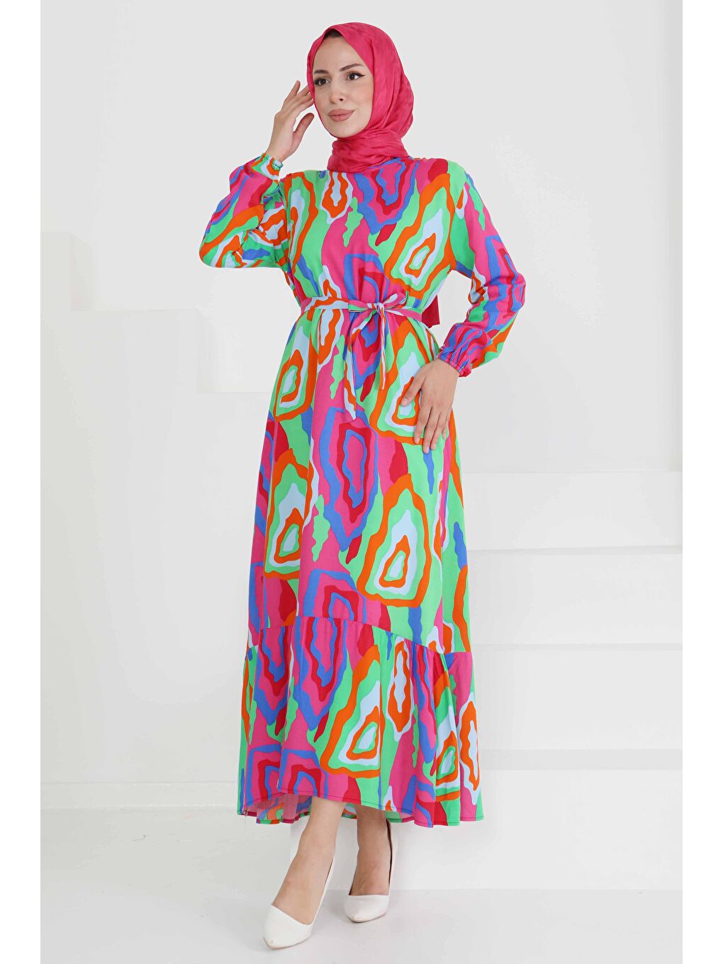 Yeşil Renkli Desenli Elbise Yesil - 27471-2