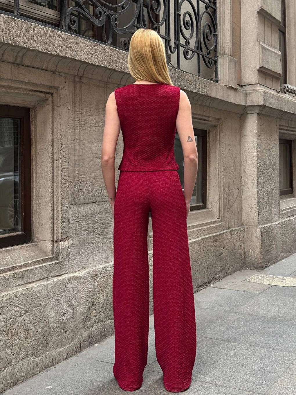 Kadın Bordo Beli Lastilkli Gofre Kumaş Pantolon HZL24S-ZK13261-4