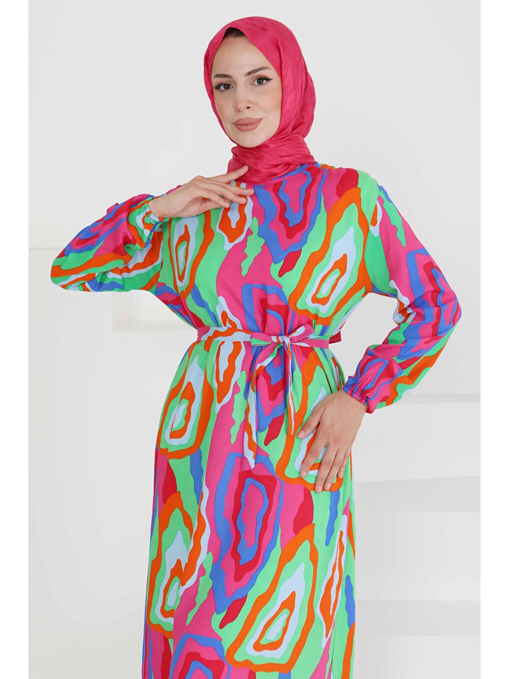 Yeşil Renkli Desenli Elbise Yesil - 27471-3